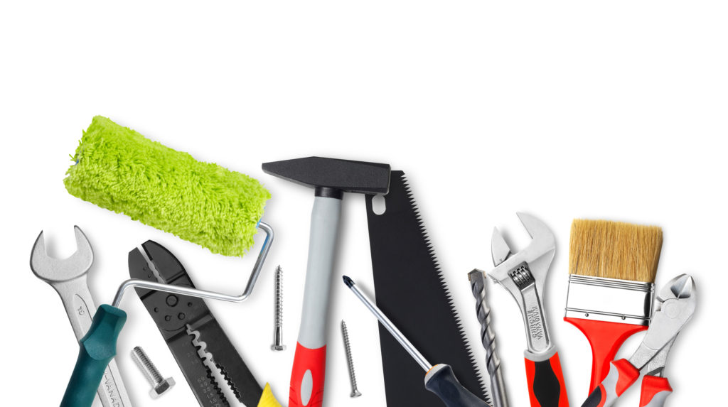 Selection of work tools on white background