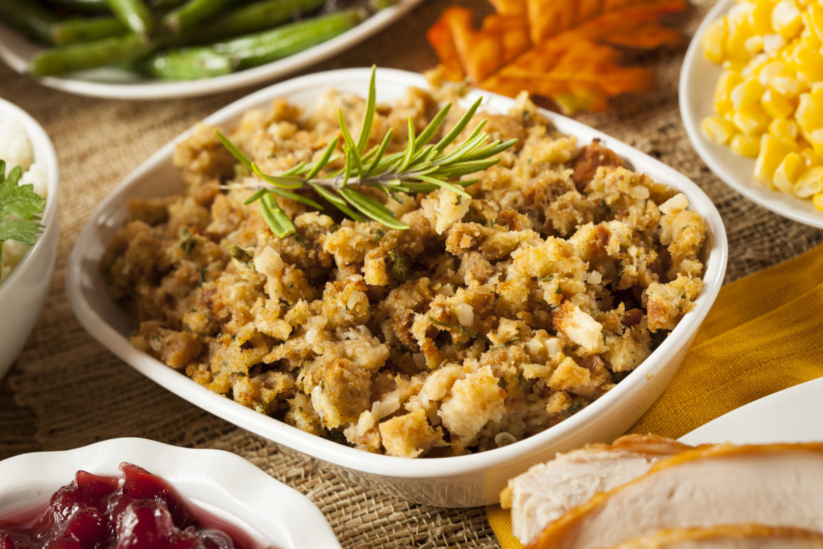 Homemade Thanksgiving Stuffing Made with Bread and Herbs