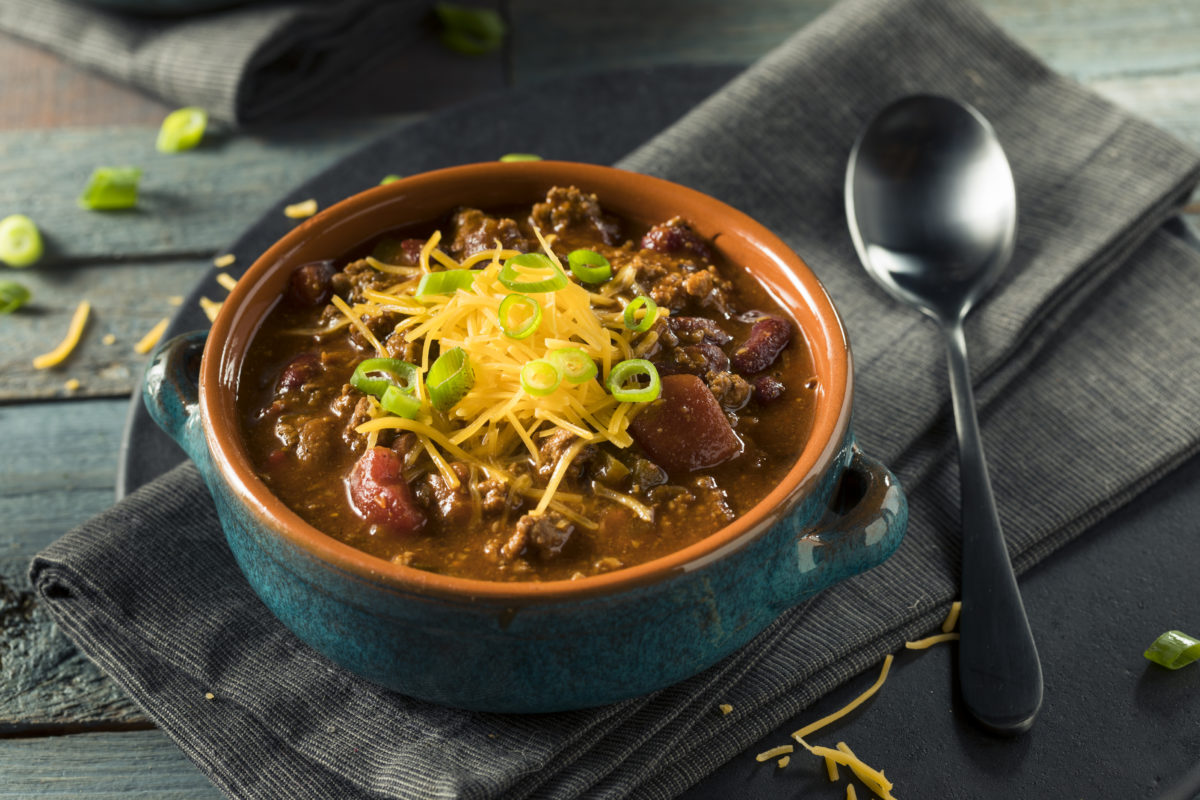 Homemade Beef Chili Con Carne with Cheese and Onions