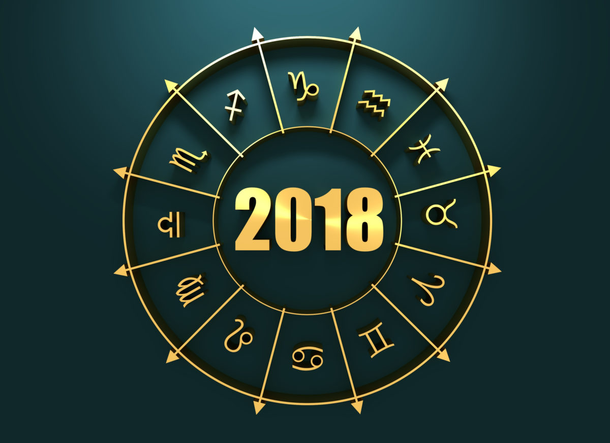 Astrological symbols in the circle. Golden emblem. Metallic material. New Year 2018 numbers. 3d rendering