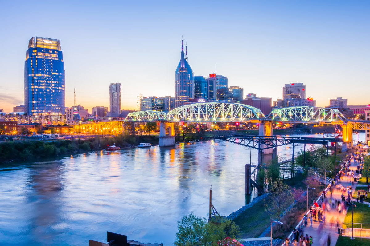 Nashville Tennessee downtown skyline at Shelby Street Bridge