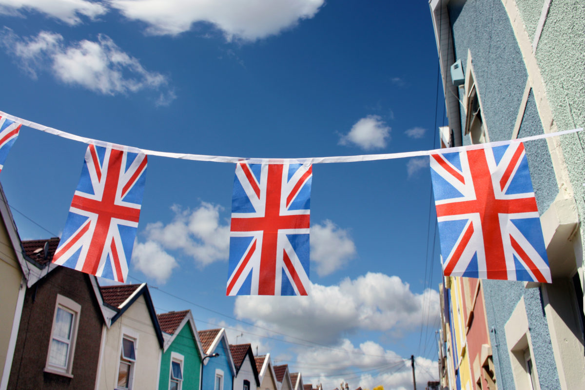 British Diamond Jubilee, bunting showing Great Britain's Flag the Union Jack on a terrace street party.