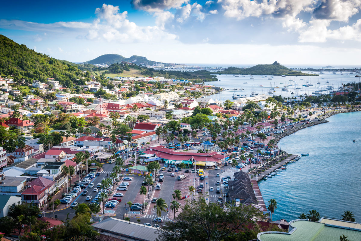 A scene overlooking a bay containing sailboats, ships and houses