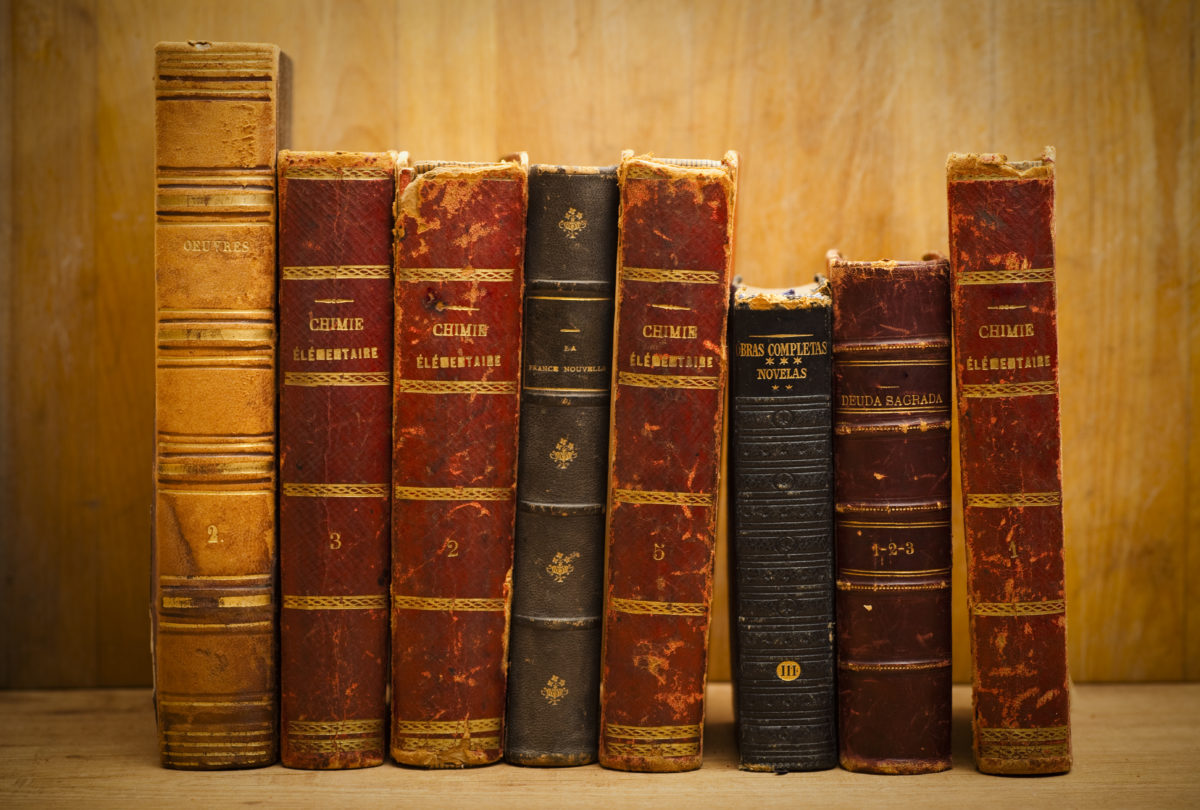 Old hardcover leather books on a shelf.