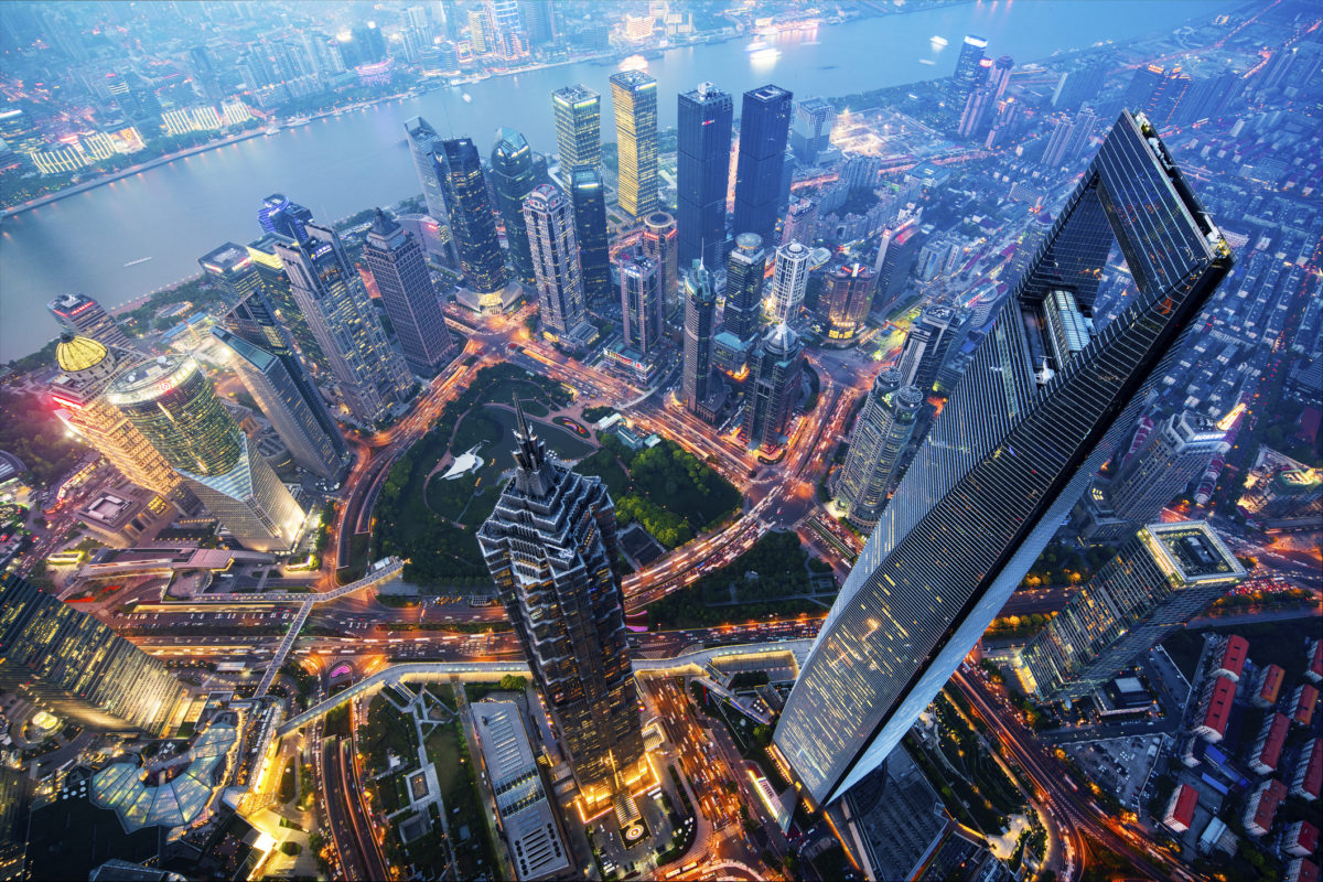 Wide angle view of the waterfront Lujiazui Financial District at night.