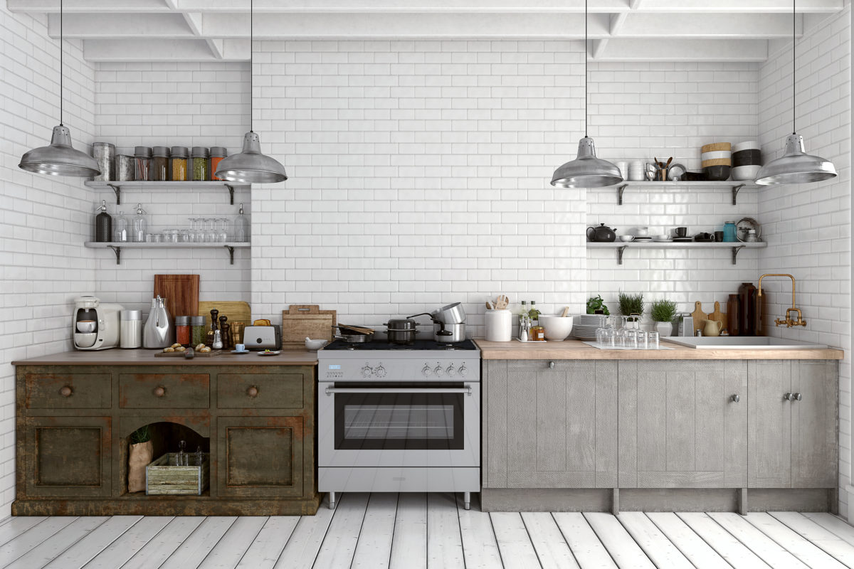 Empty classic kitchen with table, decoration and copy space. 3d rendered image.